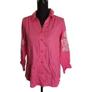 Belle Kim Gravel Blouse XXS Linen Blend Button Up Pink White Floral Embroidered